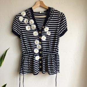 Anthro Moth Striped Flower Patch Hoodie Sweater